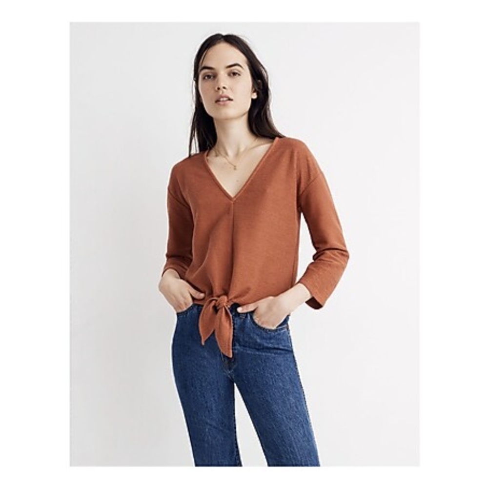 Madewell Texture & Thread Long-Sleeve Orange Tie-Front Top Size Large